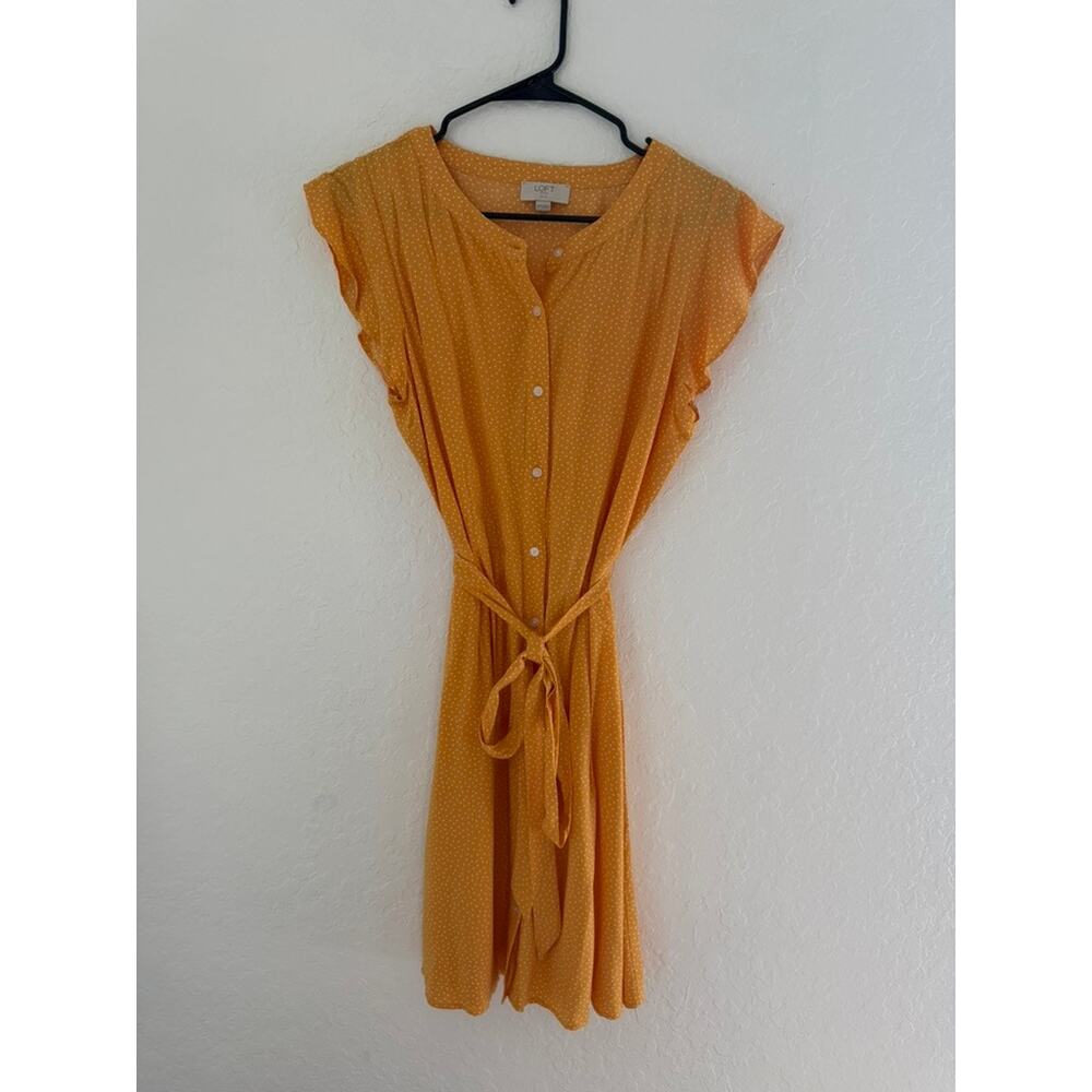 LOFT Petite Yellow Polka Dot Ruffle Sleeve Button Front Tie Waist Dress Size 10P